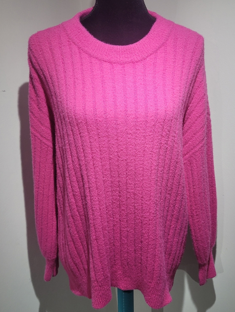 Aerie Women's RIbbed Super Soft Crew Neck Sweater XS Hot Pink Barbiecore Cozy